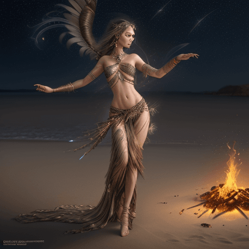 AI generated: dancer with feathers and jewelry at night on the beach by the fire in the style of magali villeneuve...