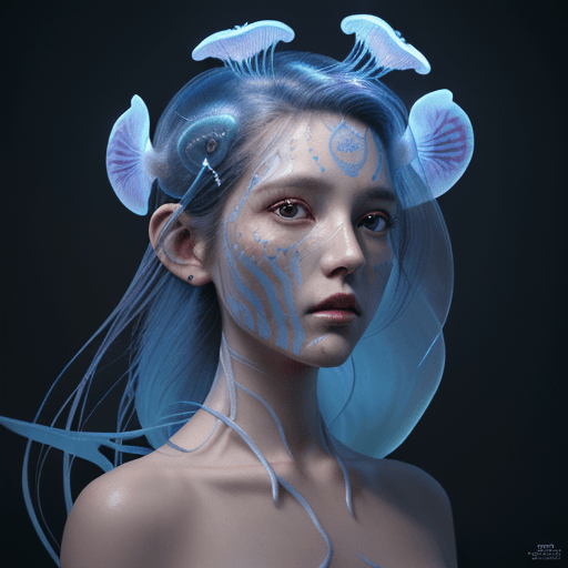AI generated: Goddess close-up portrait ribcagel. jellyfish phoenix head, nautilus, orchid, skull, betta fish, bio...