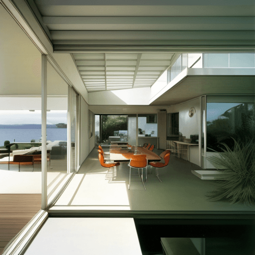 AI generated: Hyper realistic eye level exterior photo of a mid century modern style house overlooking the ocean, ...