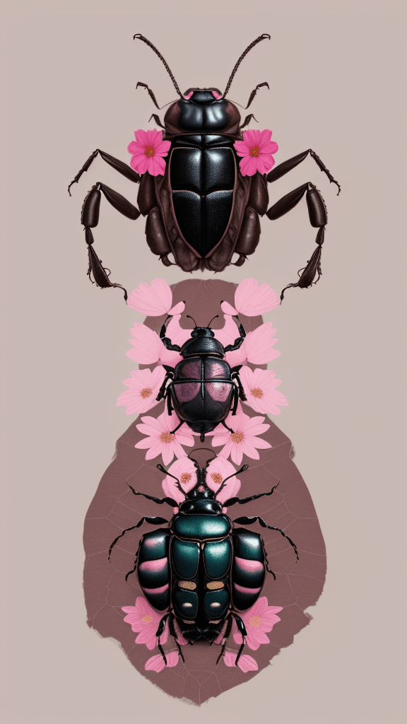 AI generated: floral beetle wearing a (long:1.2) pink (scarf:1.3), a beetle with arms and a head, (dark shot:1.17)...