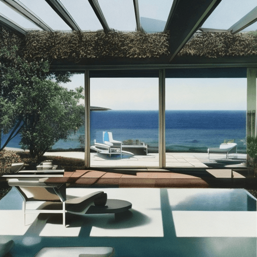 AI generated: Hyper realistic eye level exterior photo of a mid century modern style house overlooking the ocean, ...