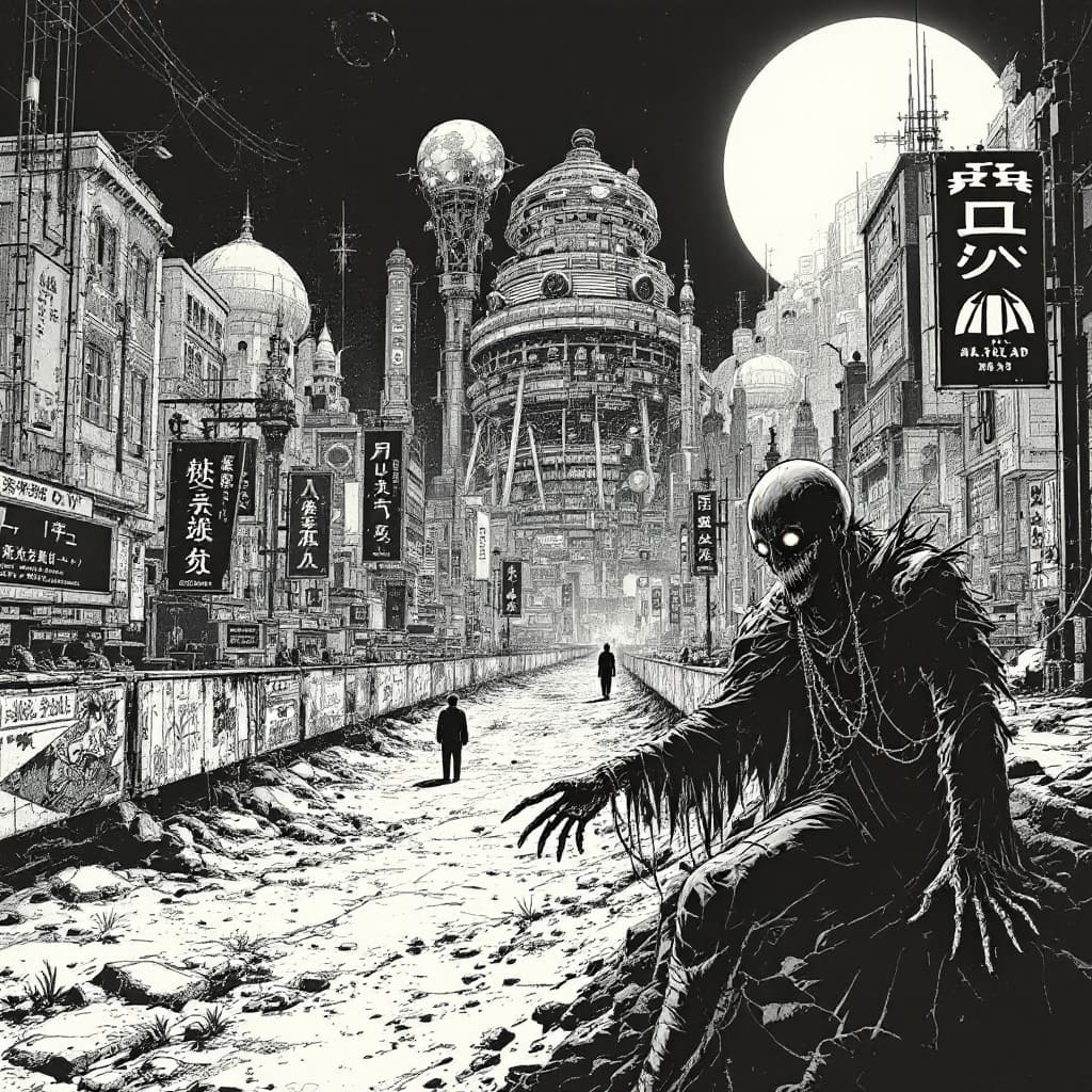 AI generated: A retro-futuristic sci-fi cityscape, dark horror manga illustration, explicit surreal grotesque imag...