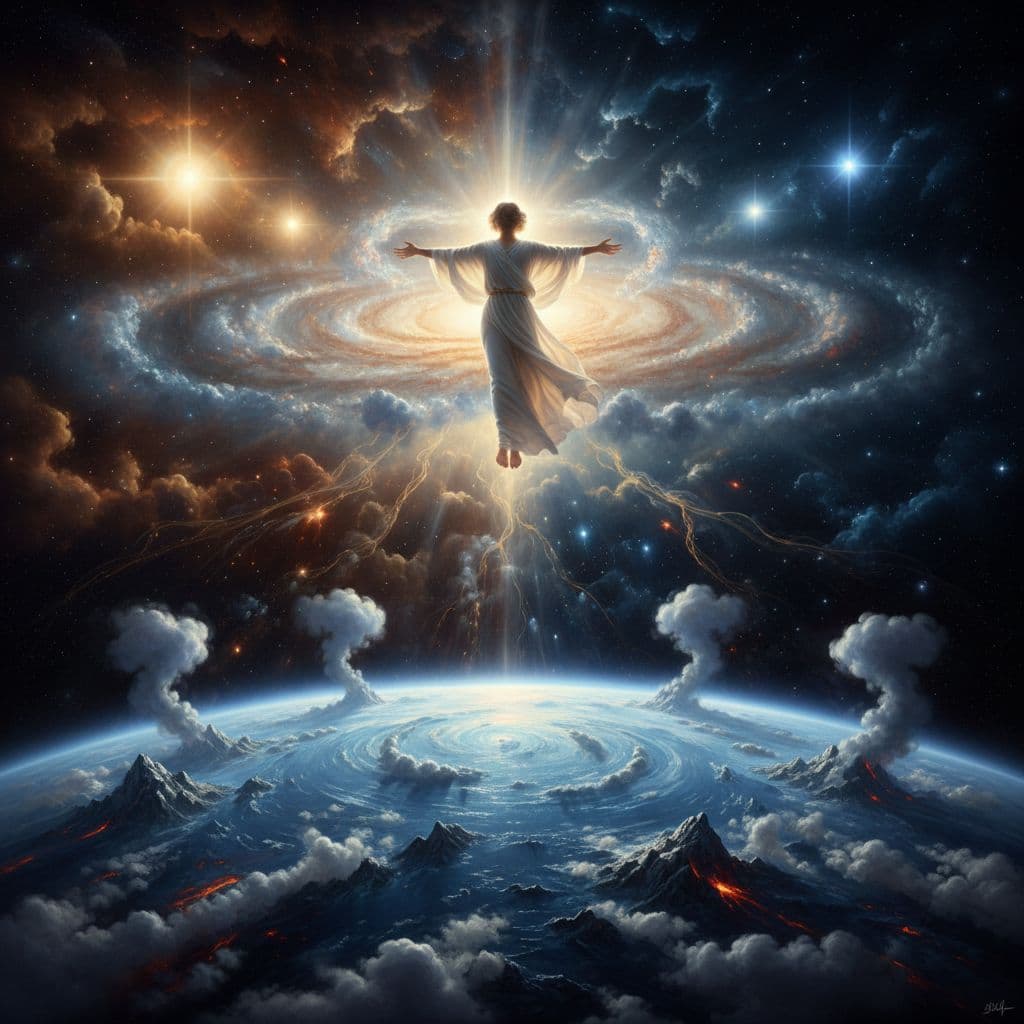 AI generated: A divine and majestic scene of creation, God forming the heavens and the earth, light separating fro...