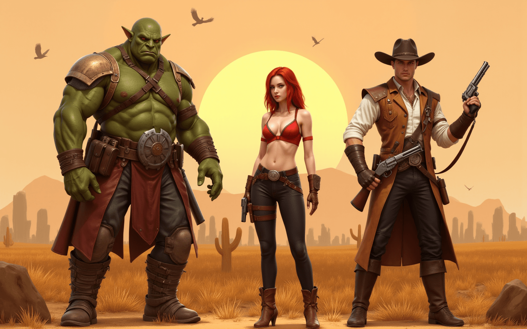AI generated: a fantastical scene set in a Western-style landscape, featuring three distinct characters standing s...