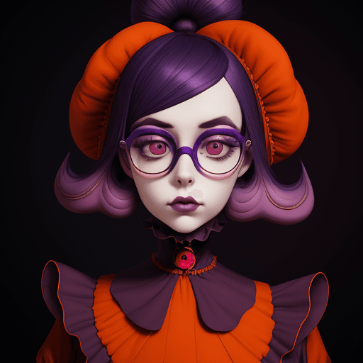 AI generated: cartoon girl with glasses, purple, in the style of natalie shau, dark orange and red, junya watanabe...