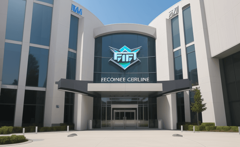 AI generated: huge corporate building entrance logo "FIM" readable