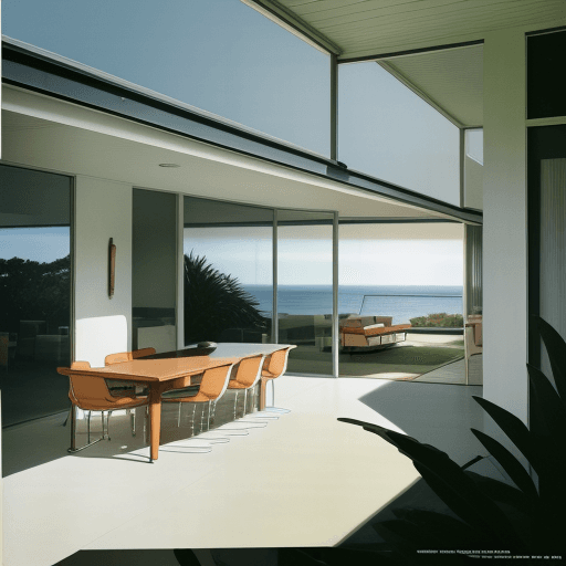 AI generated: Hyper realistic eye level exterior photo of a mid century modern style house overlooking the ocean, ...