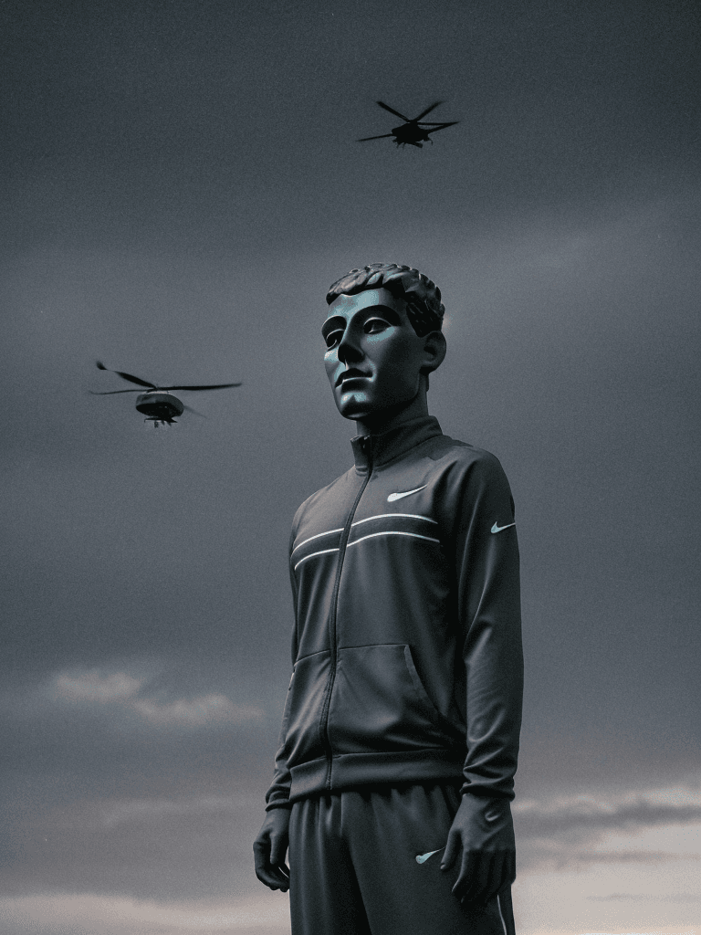AI generated: young man moai head using nike tracksuit, accurate symmetry of the sky, night time, rainy day, polic...