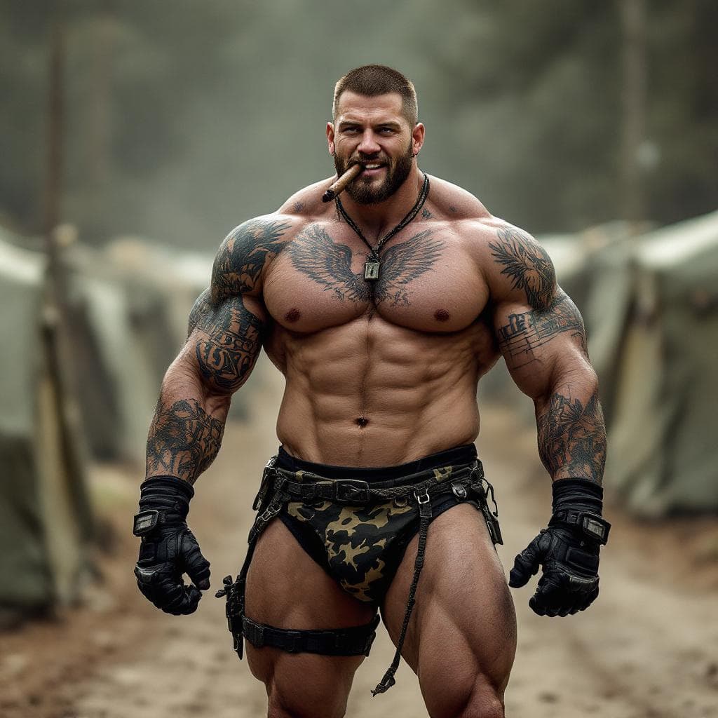 AI generated: Chris Redfield, Full body image, looking at us, shirtless, muscular abs, lots of tattoos, eagle ches...