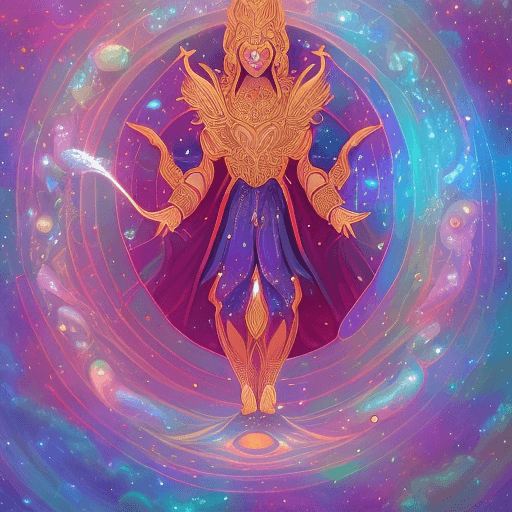 AI generated: A cosmic god of dreams, adorned in celestial attire and wielding magical wands, dances amidst swirli...