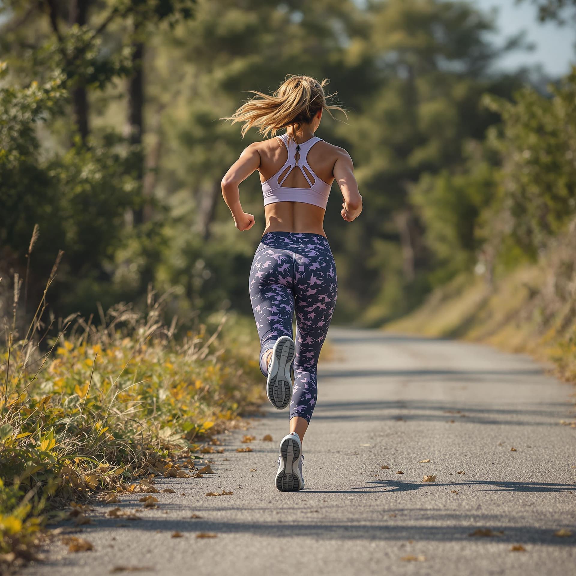AI generated: a woman running towards the camera in gym clothes