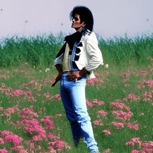 AI generated: michael jackson, 80s, bad, posing in a field of flowers