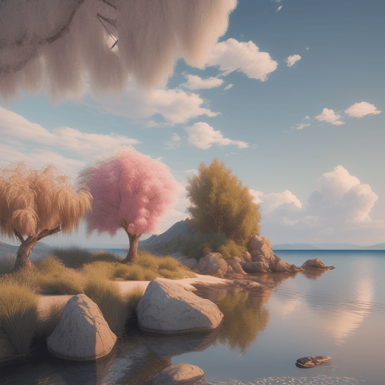 AI generated: oil on canvas, small clouds, 
willow tree, smooth beach, small rocks, 
beautiful setting, early even...