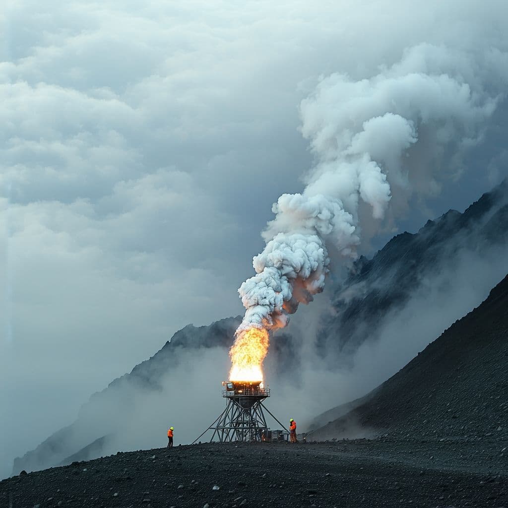 AI generated: A ground-based silver iodide (AgI) generator is installed on a mountain slope for cloud seeding. The...