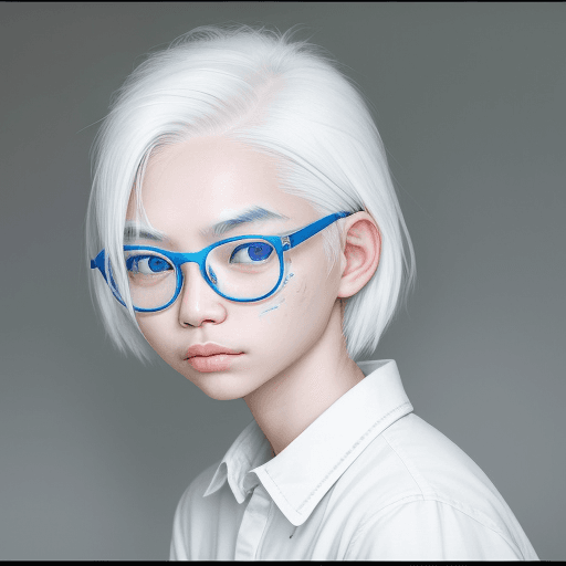 AI generated: A portrait of a 16 year old asian girl with white hair and blue eyes and white glasses. in medium sh...
