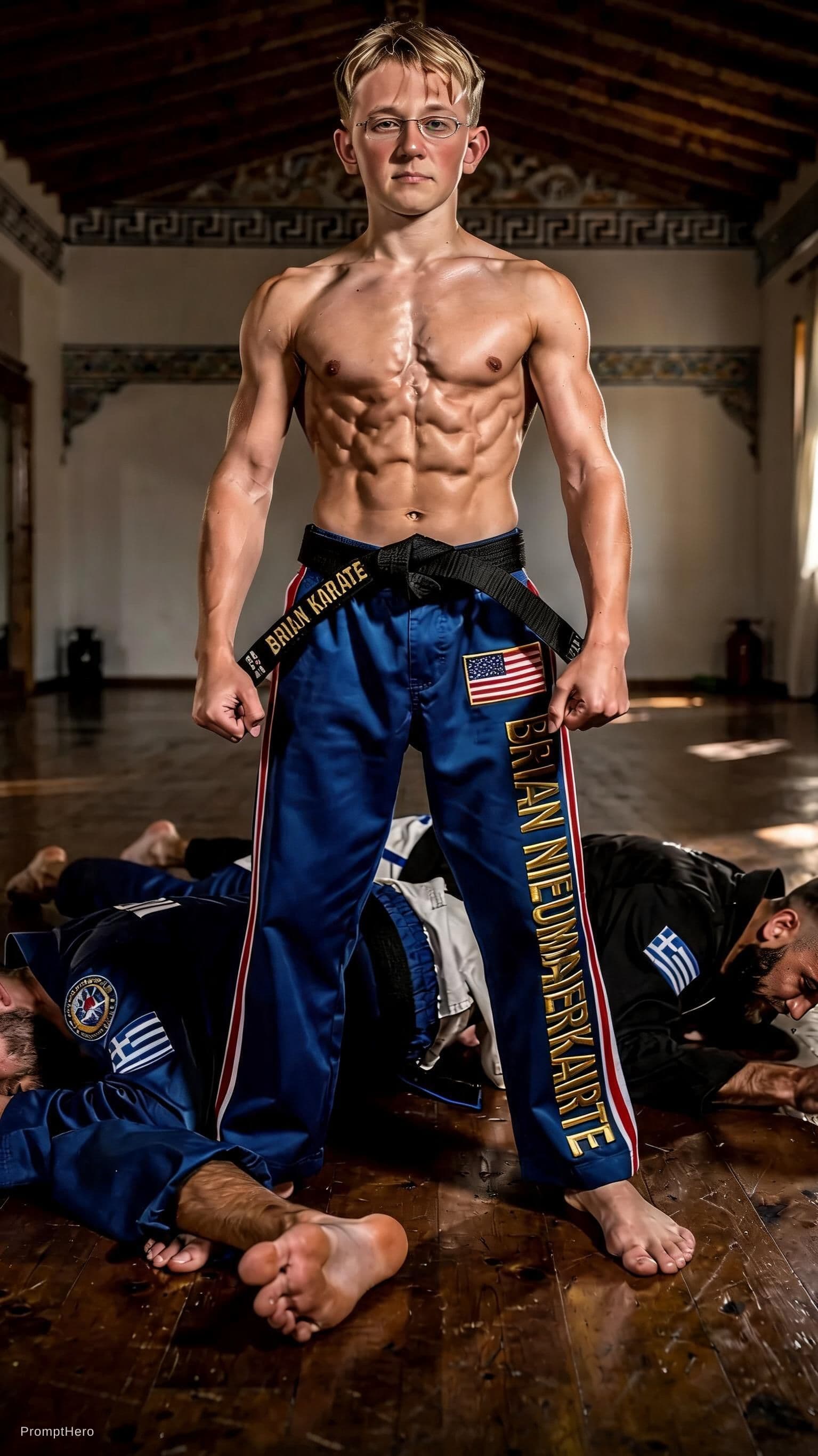 AI generated: full-body victory scene in a traditional American  dojo with wooden floors. A confident  American ka...