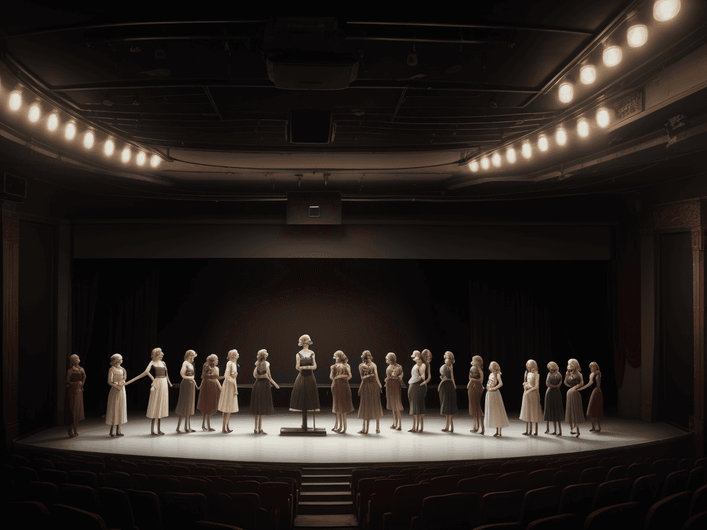 AI generated: a white sign standing on a small old theater stage, eight women standing and looking at the sign, ci...