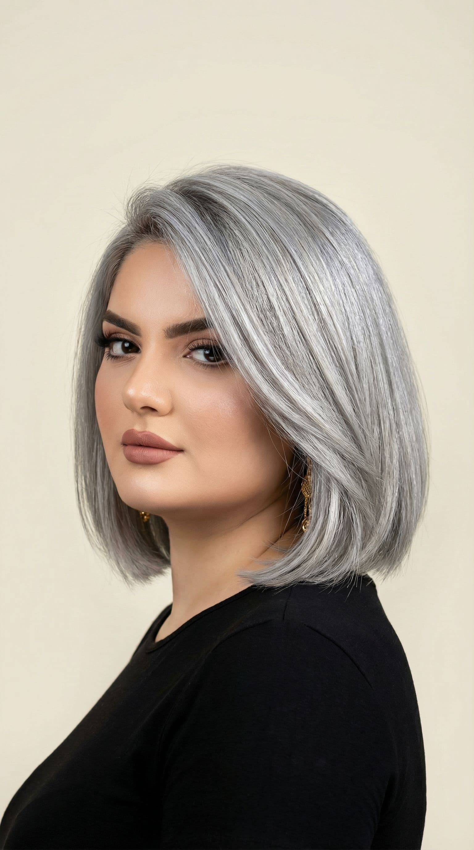 AI generated: hair photography, woman, bob cut hair, silver color, ivory hue background, studio lighting setup, re...