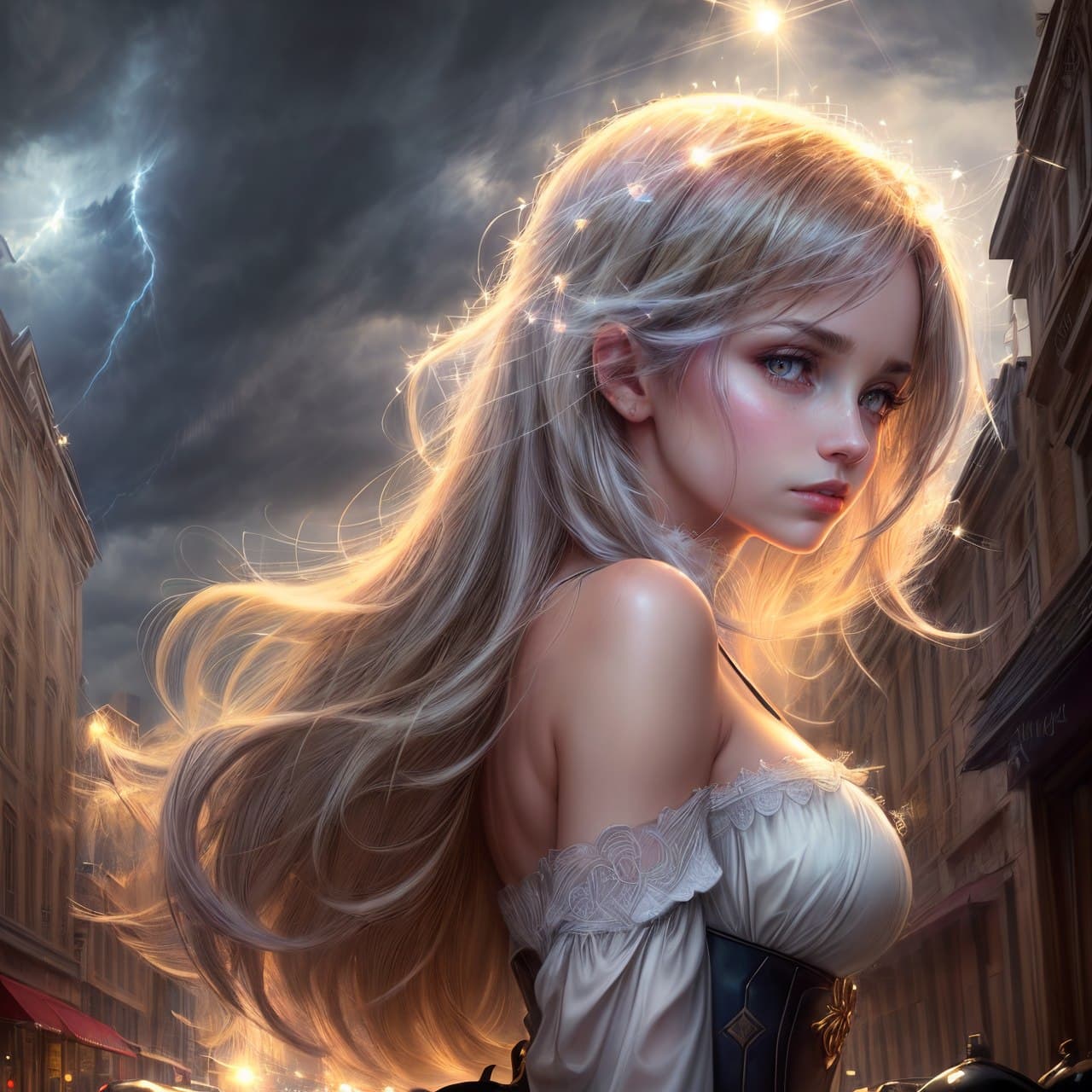 AI generated: award winning beautiful girl in a street, storm,((dark storm clouds)), fluffy clouds in the sky, sha...