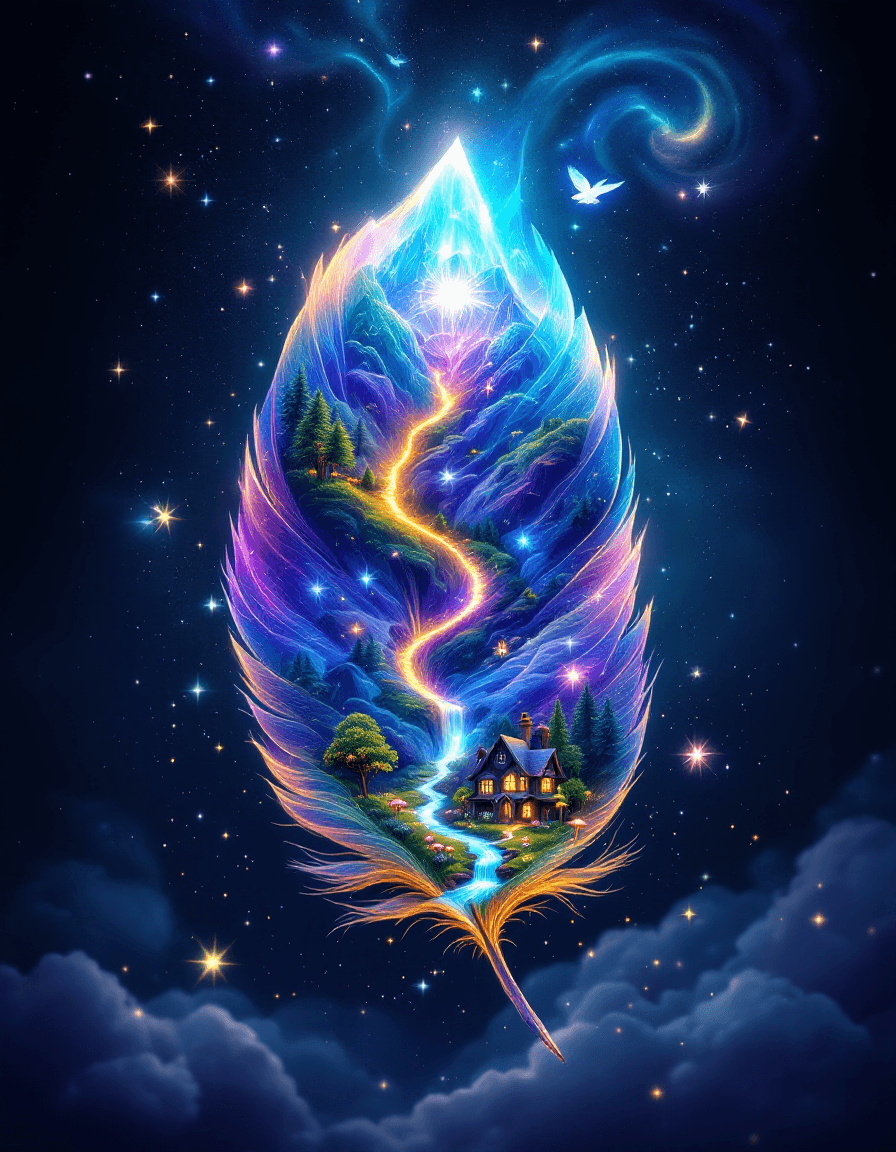 AI generated: A magical and surreal digital painting of a large, iridescent bird feather set against a deep cosmic...