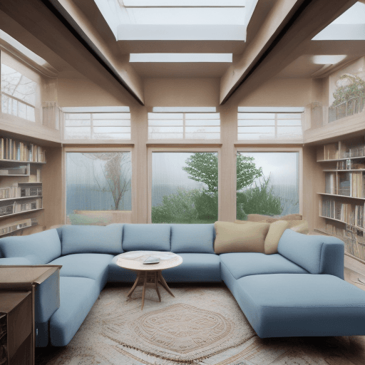 AI generated: High resolution photography interior design, dreamy sunken living room conversation pit, wooden floo...