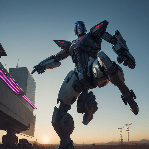 AI generated: urbanpunk, low angle shot, Keanu Reeves as John Wick  cyborg ninja with multicolor notched light cyb...