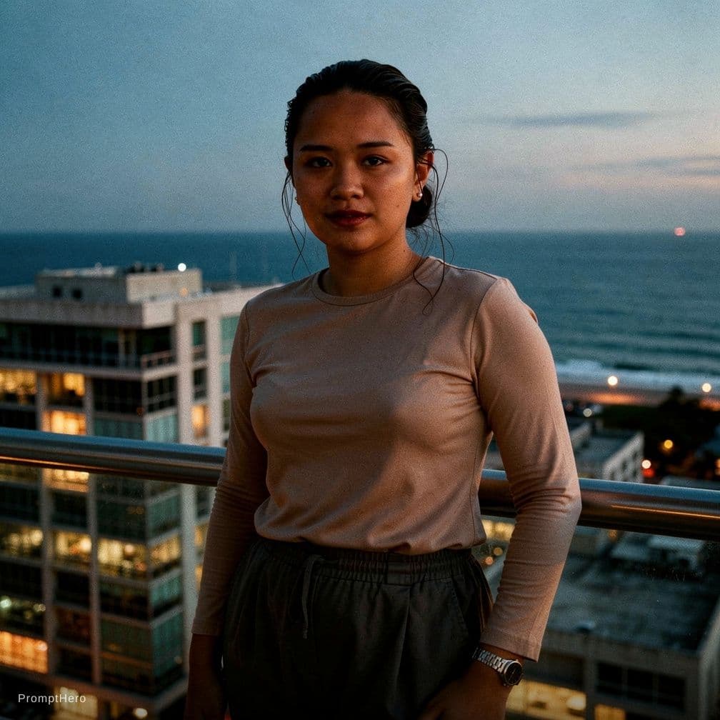 AI generated: A documentary style photograph of a young female on a high balcony just after swimming. Her long dar...