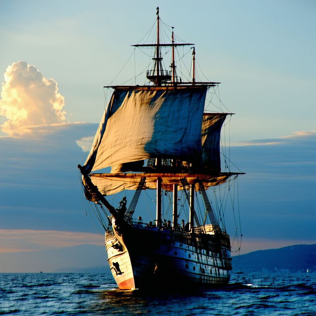 AI generated: Photo of a ultra realistic sailing ship, dramatic light, pale sunrise, cinematic lighting, battered,...