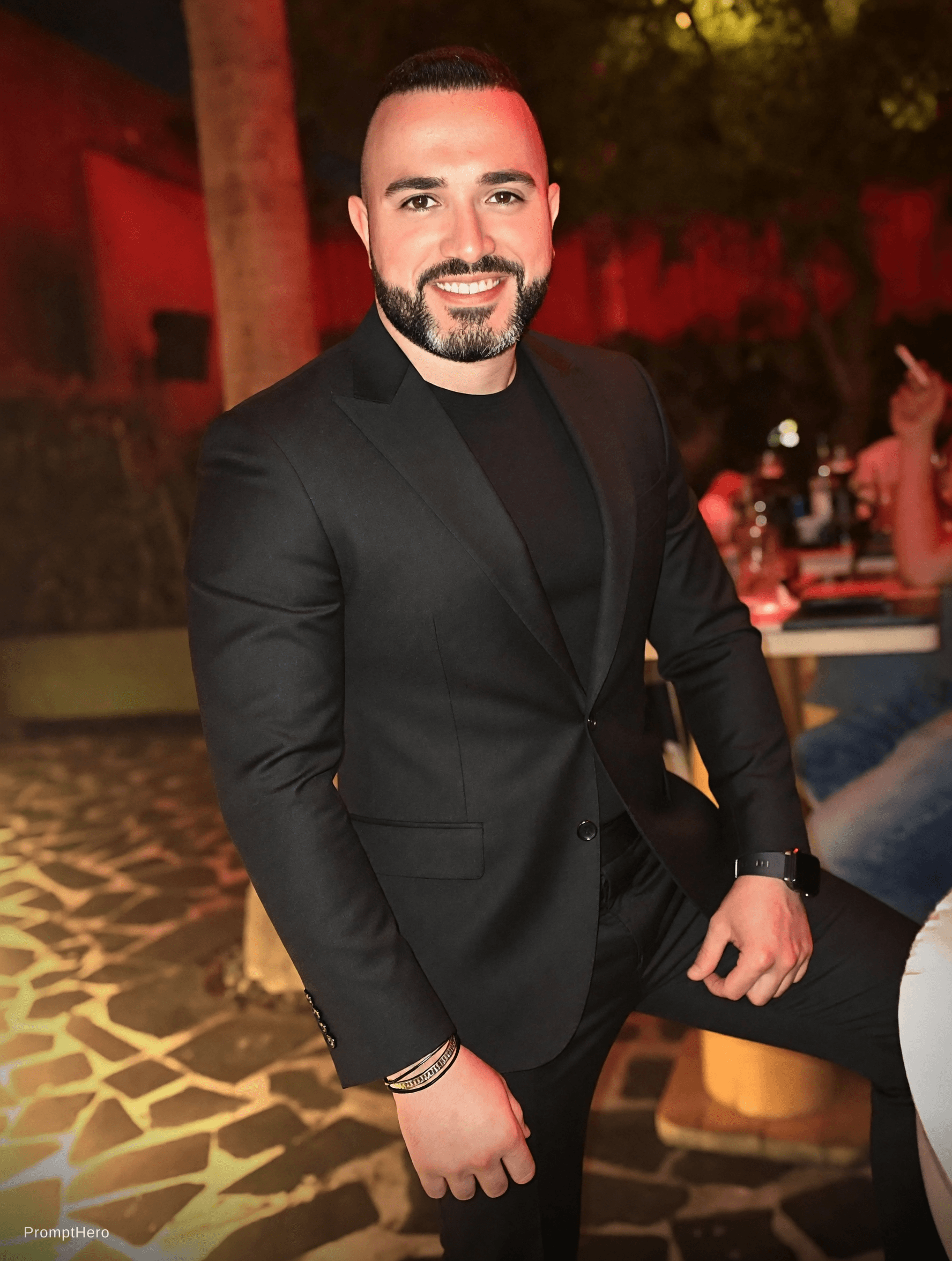 AI generated: Black italian bespoke suit with black undershirt