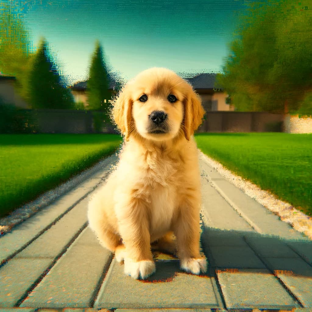 AI generated: An adorable golden retriever puppy sits in the middle of a paved pathway, surrounded by green grass....