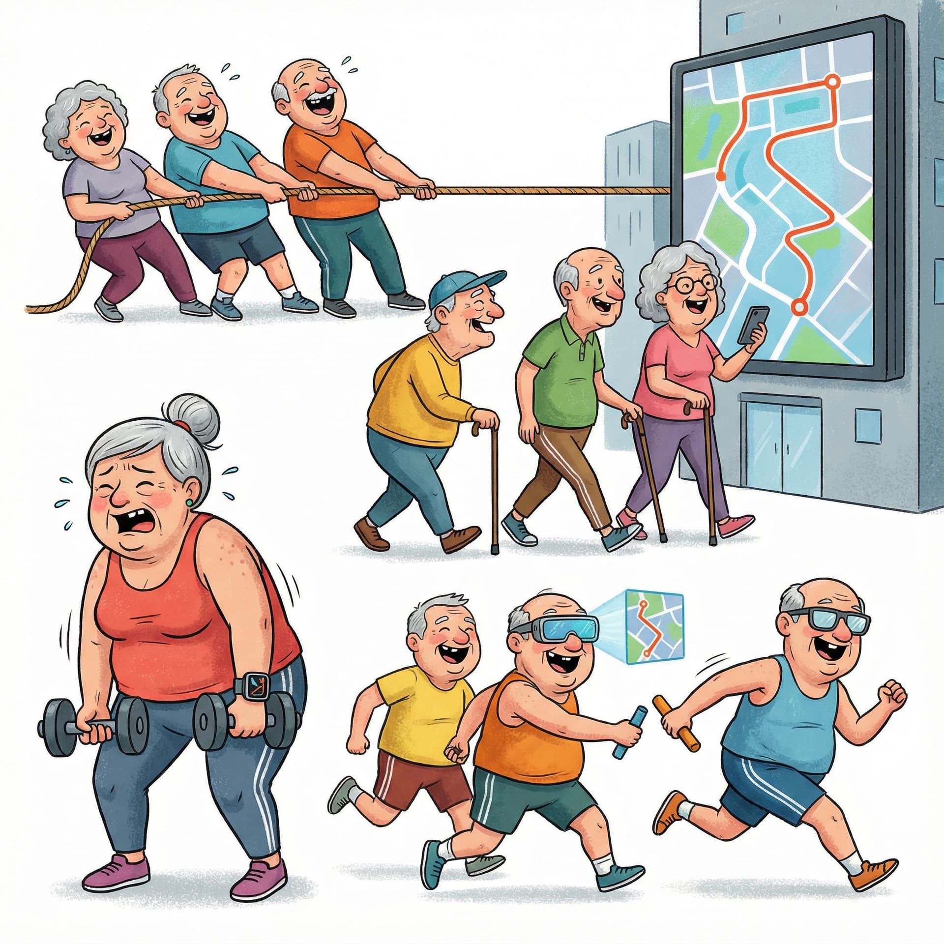 AI generated: crea una imgaen donde salga gente mayor, feos, gordos, no perfectos haciendo diferentes tipos de dep...