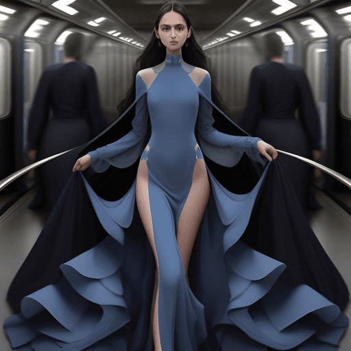 AI generated: The image is a full-length portrait of a woman in a flowing blue dress. The dress features a high ne...