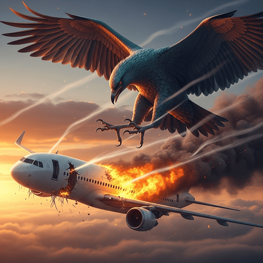 AI generated: un pajaro gigante volando atacando un avion en llamas