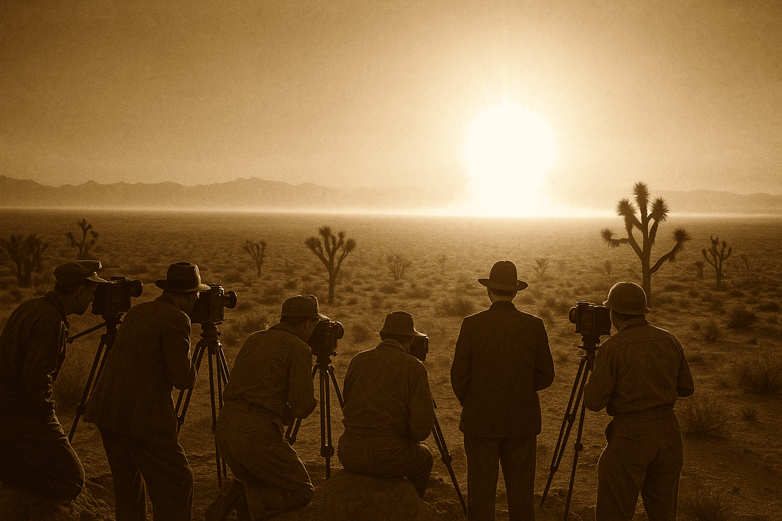 AI generated: A sepia-toned photograph captures a group of men operating cameras on tripods, positioned on a raise...