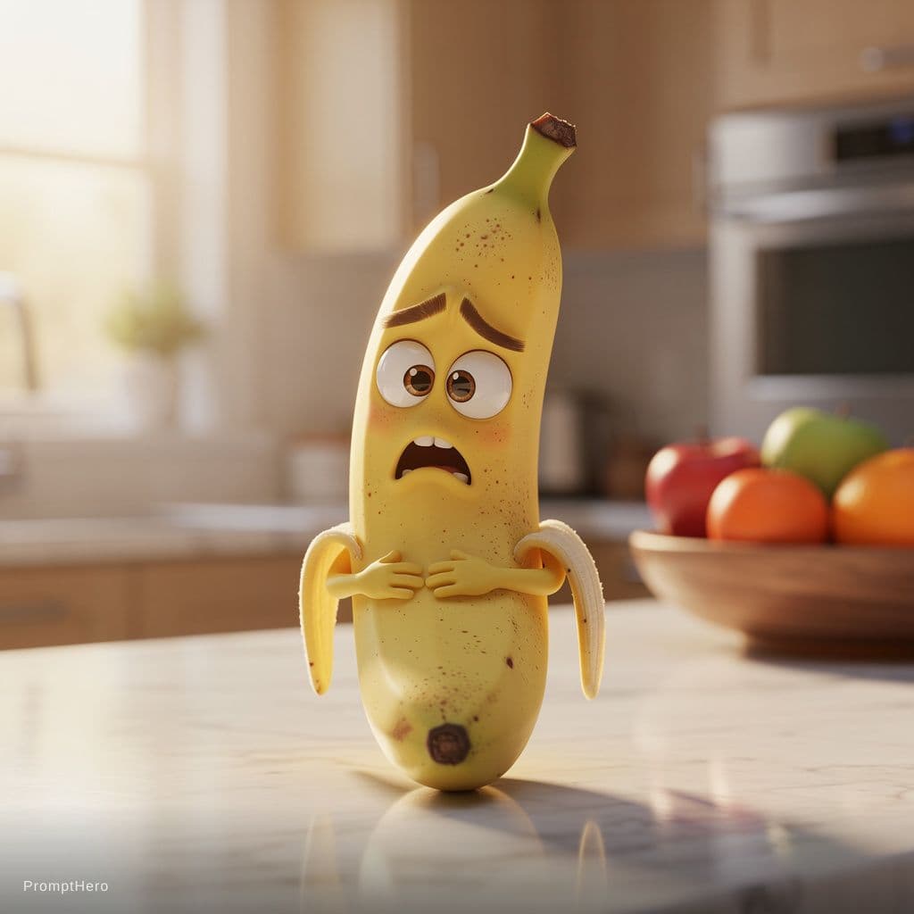 AI generated: Pixar-style 3D render of a ripe yellow banana sitting on a marble kitchen counter.
Eyes: wide and sl...