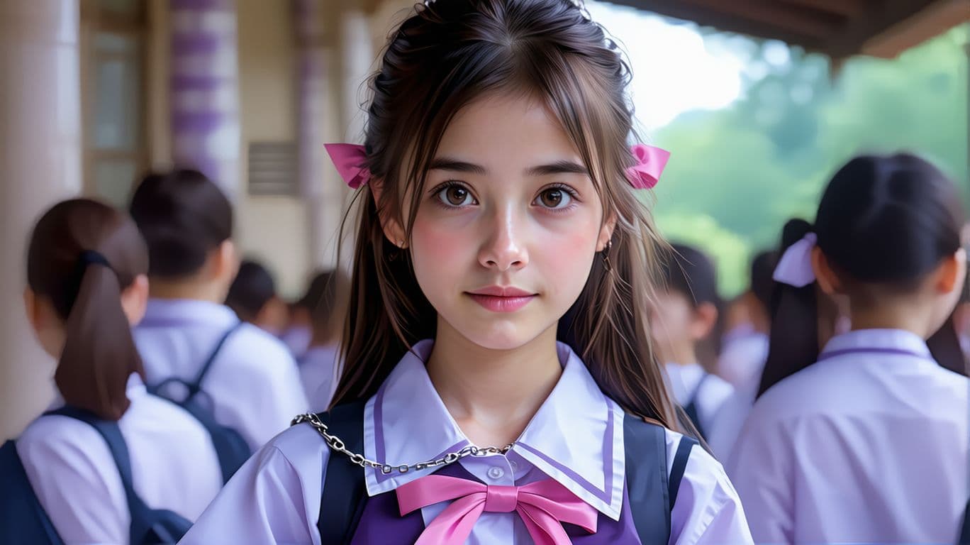 AI generated: A girl who is in school  from front, 8K FHD , ((8K 8K )),Quality, looking at viewer, uniform, pink a...