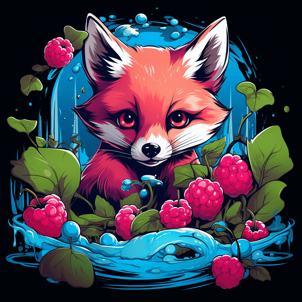 AI generated: t-shirt vector design, mischievous fox stealing strawberries, anime inspired, whimsical graphic, gli...