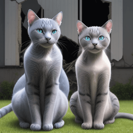 AI generated: reate a close-up image of two thin cats sitting in the grass in front of a severely damaged old hous...