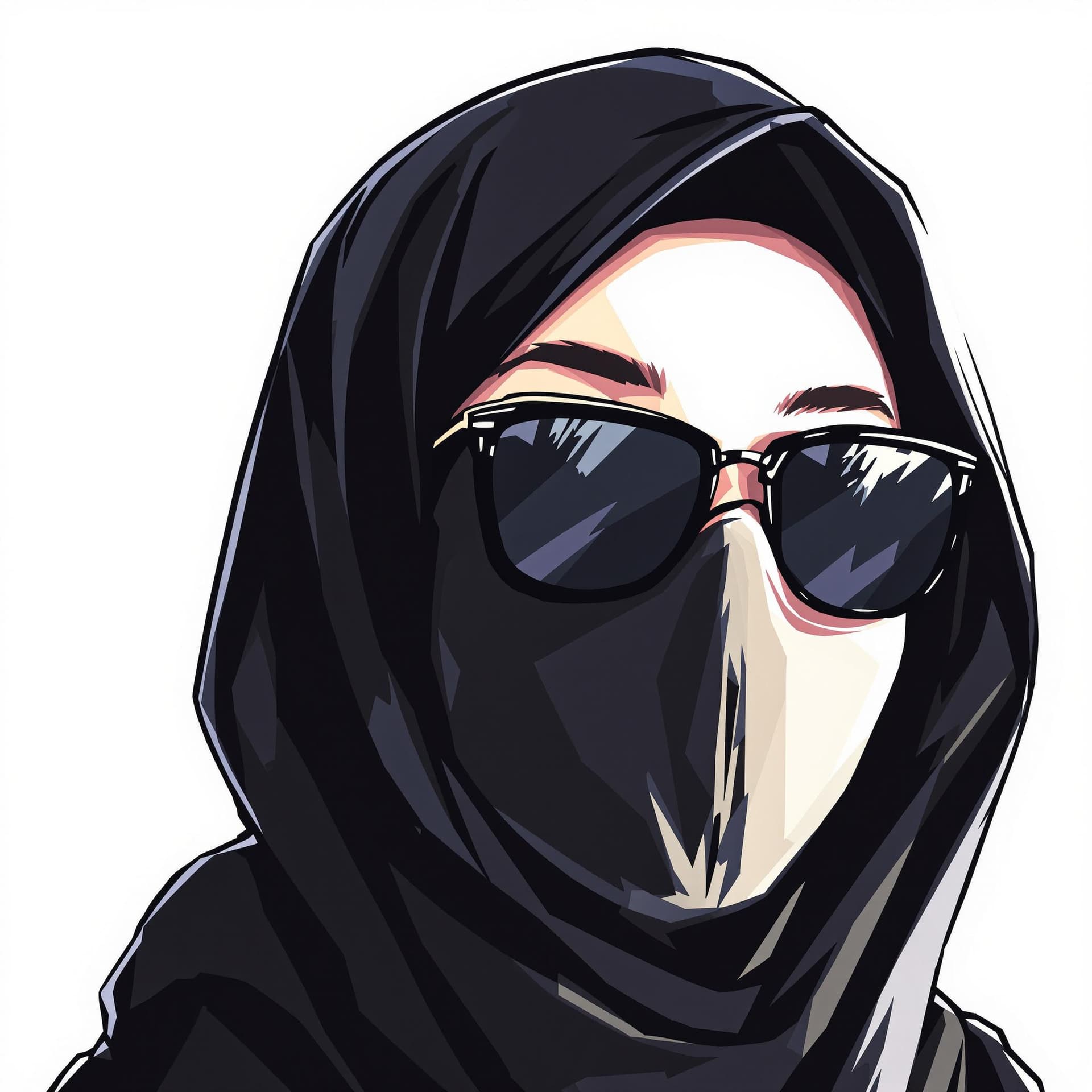 AI generated: A woman is wearing a black niqab and sunglasses. Background white simpel, The Style ilustrastion ane...