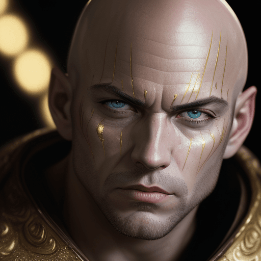 AI generated: Close up portrait of bald man warrior in style by Ben Templesmith with glitter gold veins, highres, ...