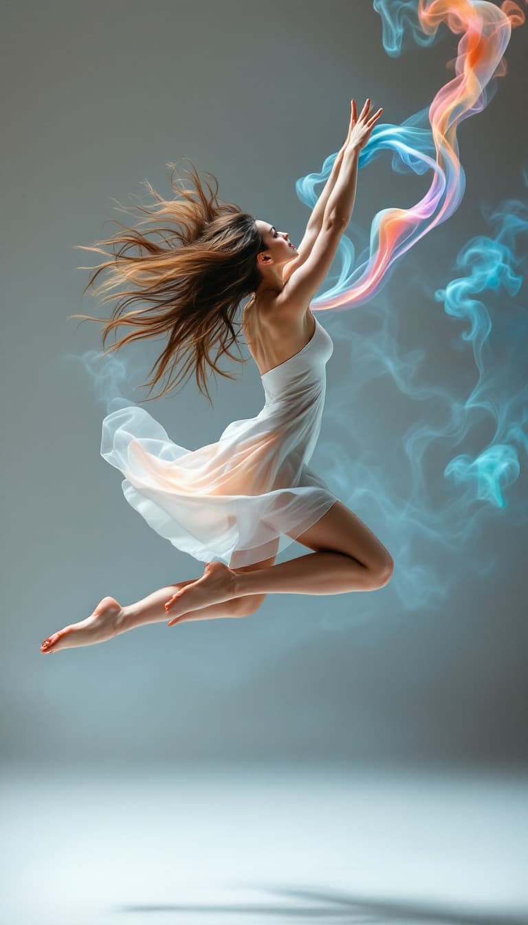 AI generated: 13. A dynamic, full-body image of a woman gracefully leaping through the air, seemingly defying grav...