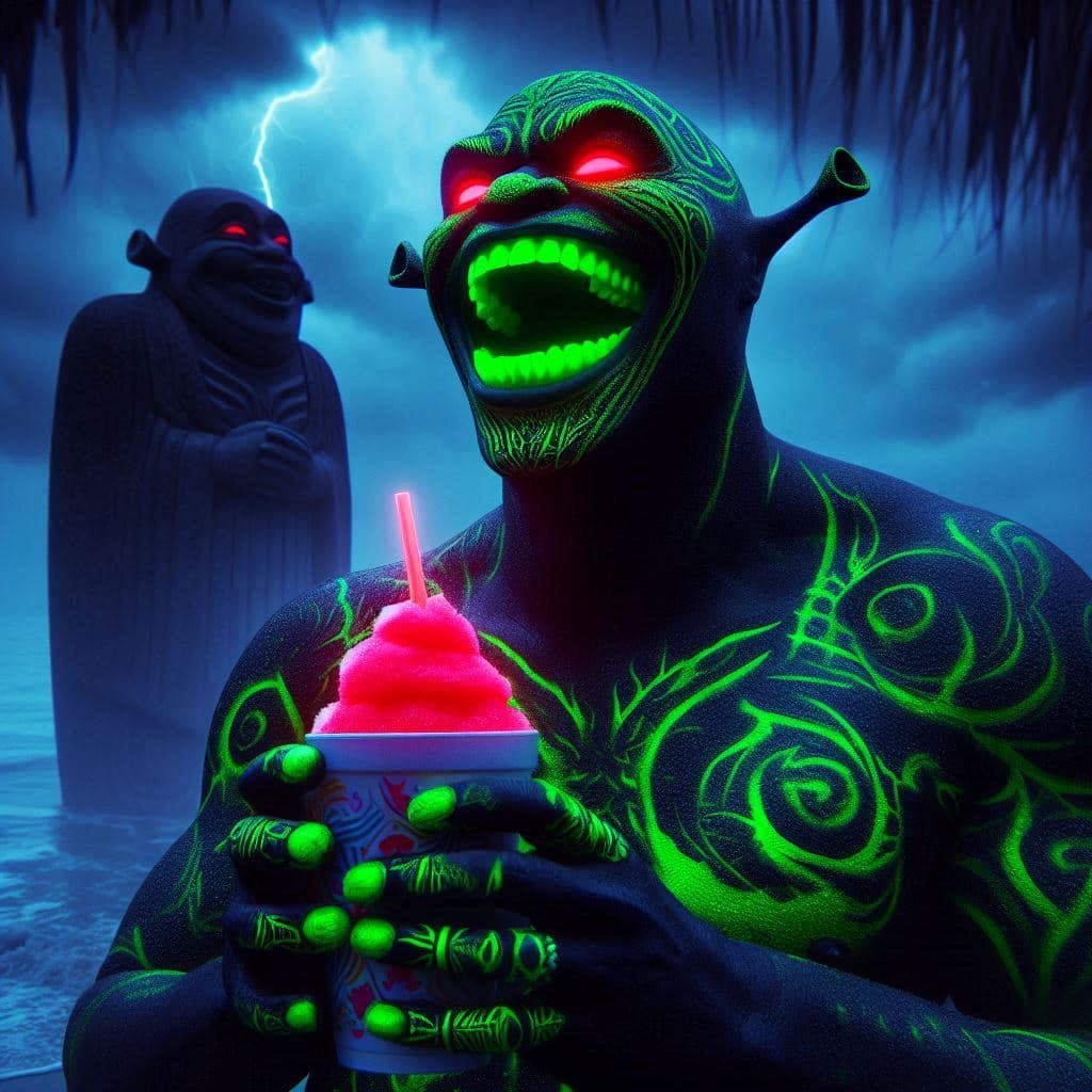 AI generated: figura oscura Shrek astral riendose como un papucho disfrutando del granizado en la playa todo detal...