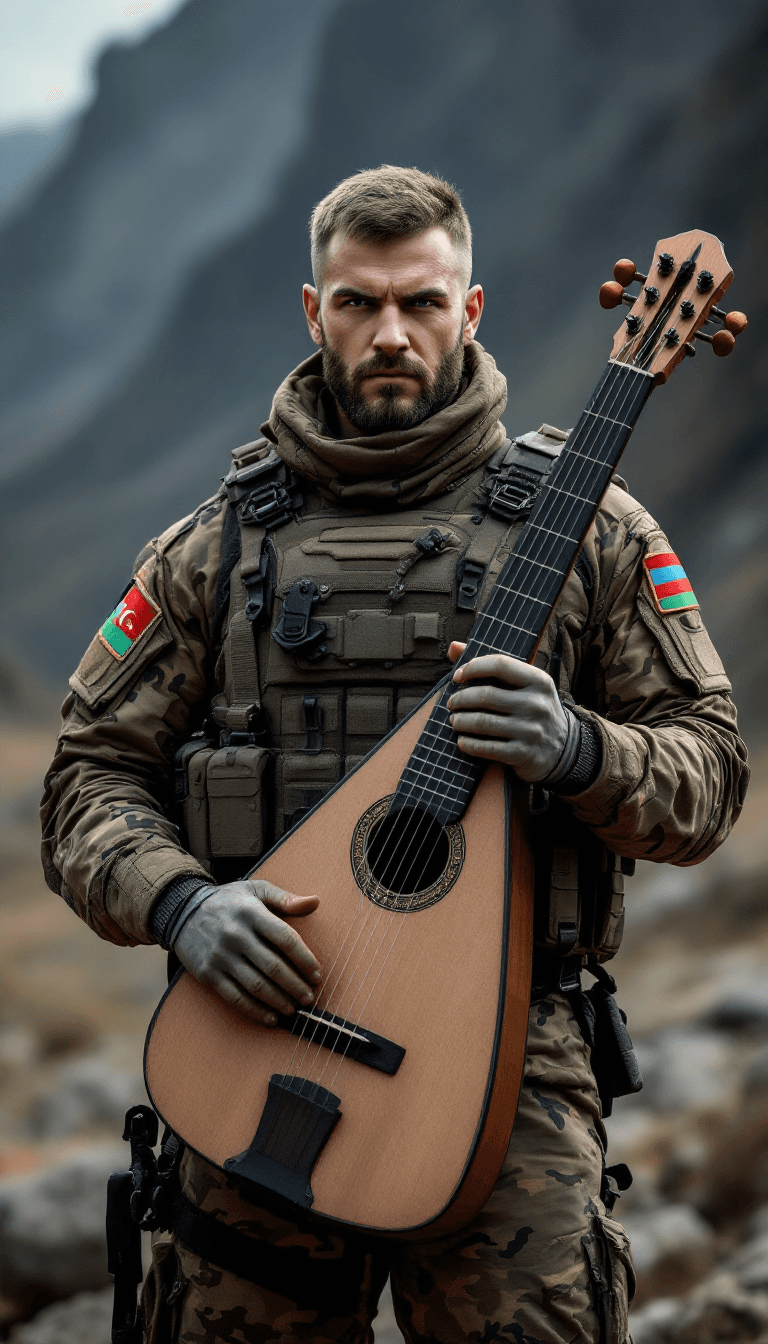 AI generated: /imagine prompt: A fierce, modern Azerbaijani soldier wearing tactical military gear, featuring a ca...