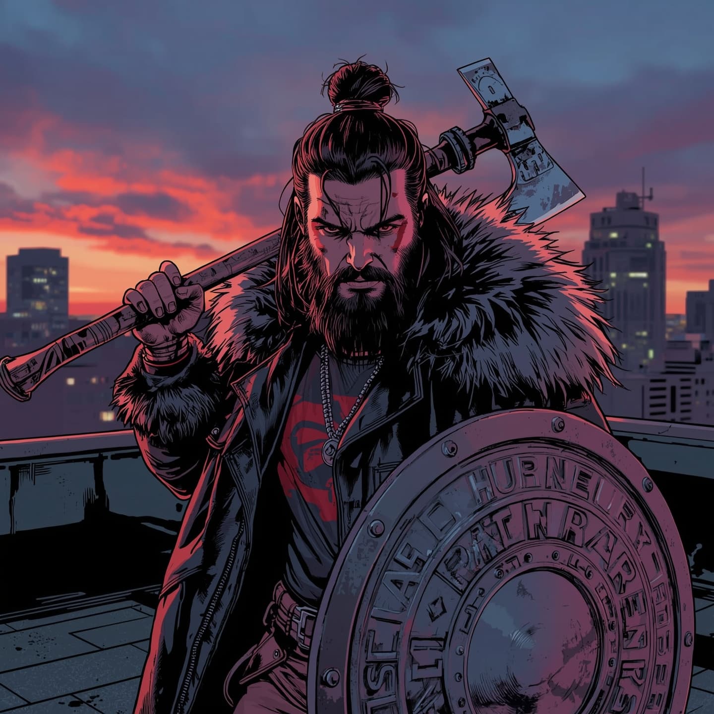 AI generated: male urban barbarian superhero, modern city rooftop at dusk, braided topknot, war paint streaks, lay...