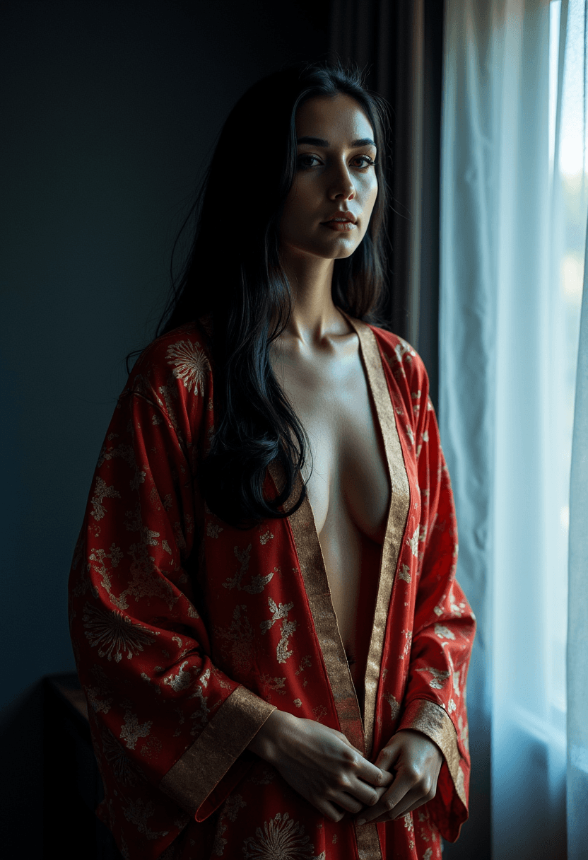 AI generated: A woman stands alone in a dark bedroom, her figure bathed in a soft and serene bluish-gray light tha...