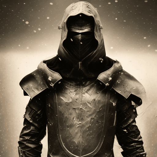 AI generated: masked man, dark torn hood, dark rainy foggy night, intricate dark and chrome damaged armor, smoke a...