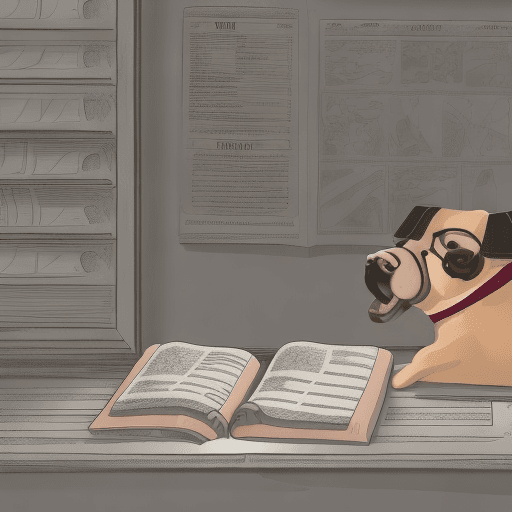 AI generated: anthropomorphic pug dog, in a robe, eating breakfast and reading the newspaper, lightroom, cinematic...