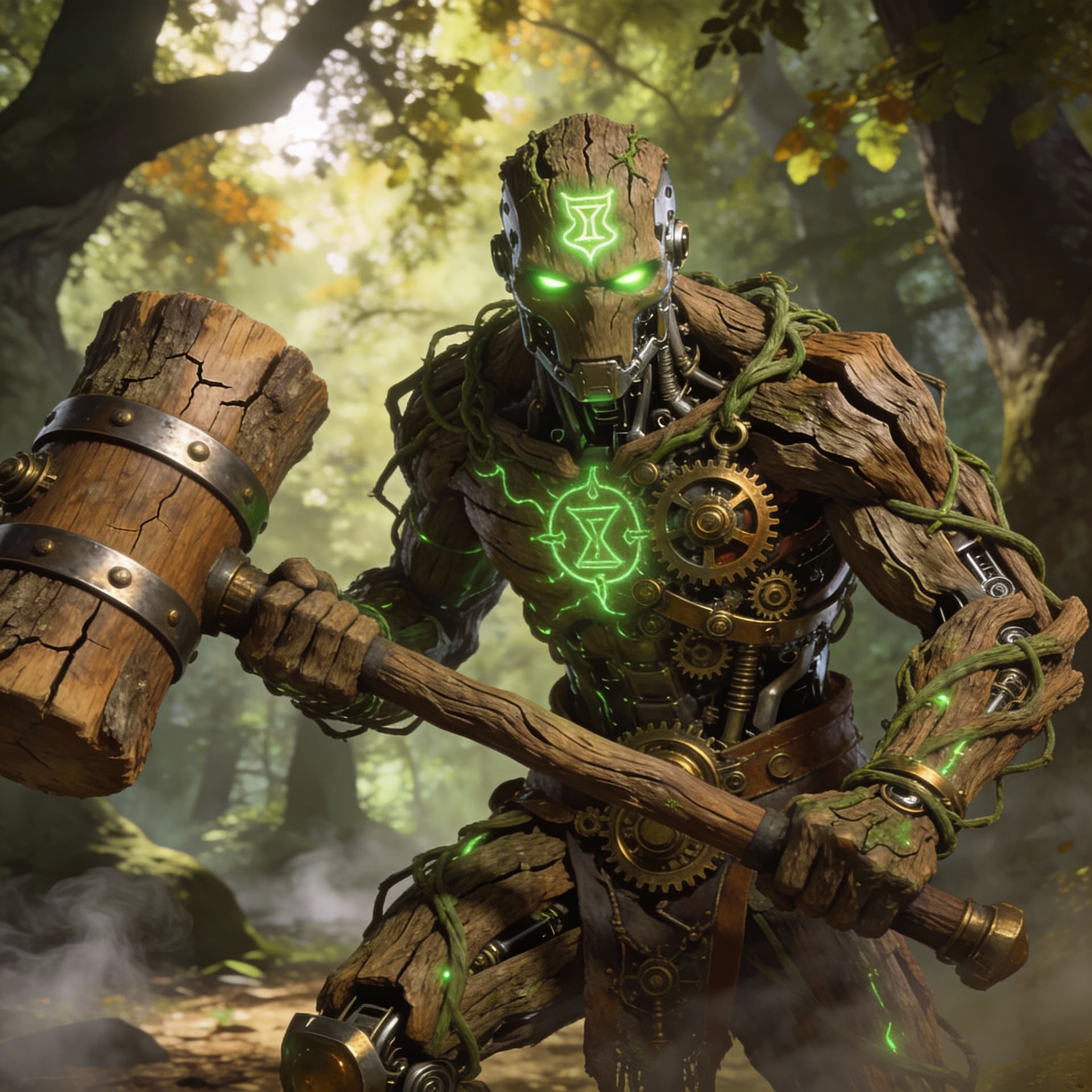 AI generated: male warforged barbarian, made of petrified wood and vines, robotic face, wielding a great club, ste...