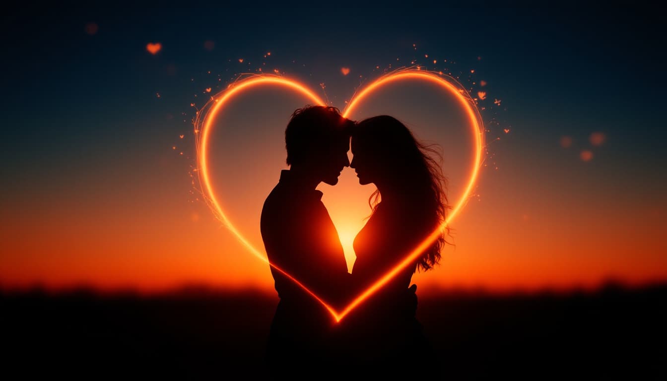 AI generated: Two lovers intertwined in a passionate embrace, their silhouettes illuminated by a warm, orange glow...