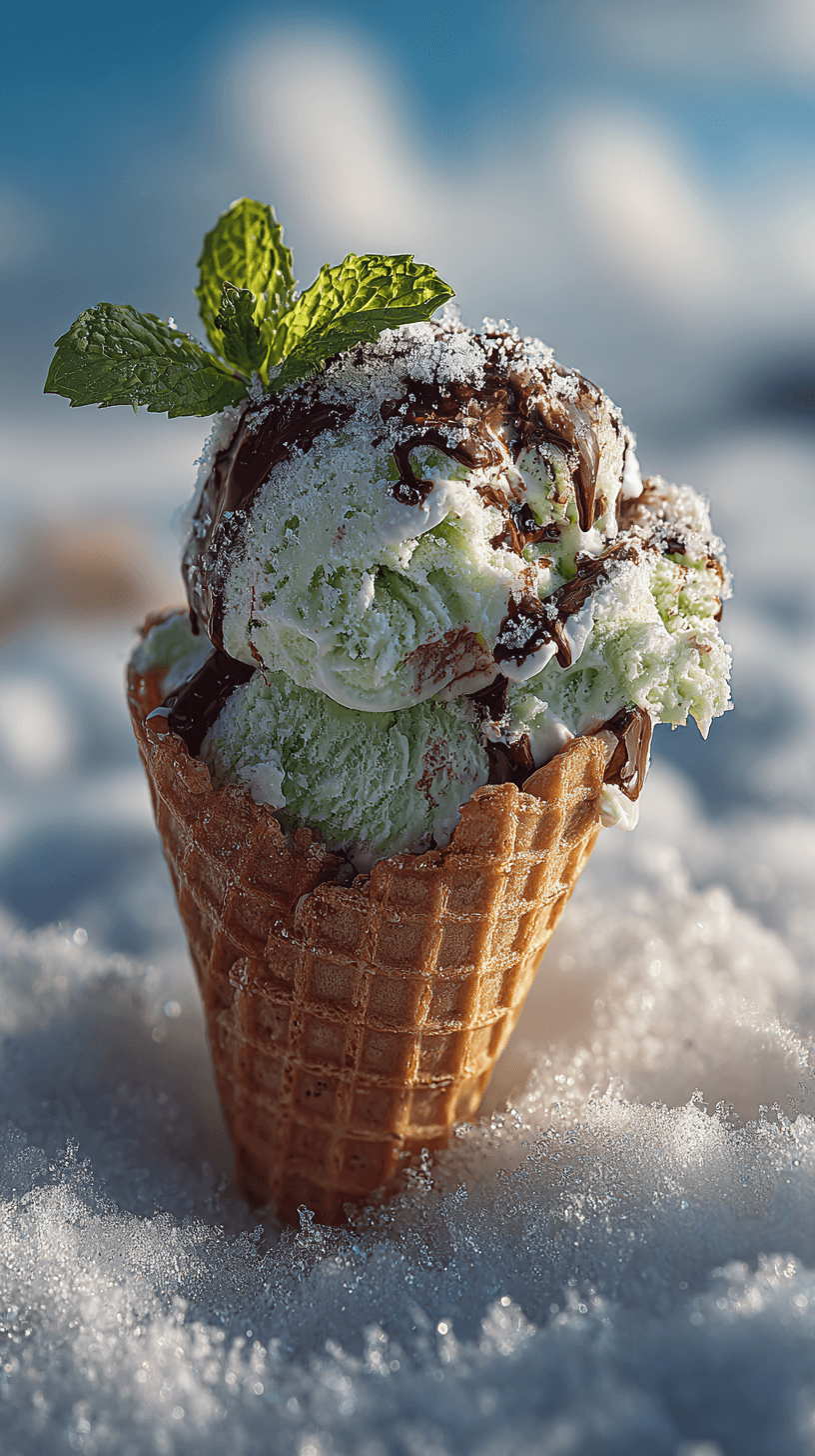 AI generated: editorial food photography, shot on 35mm fujifilm, macro shot, melting mint chocolate ice cream cone...